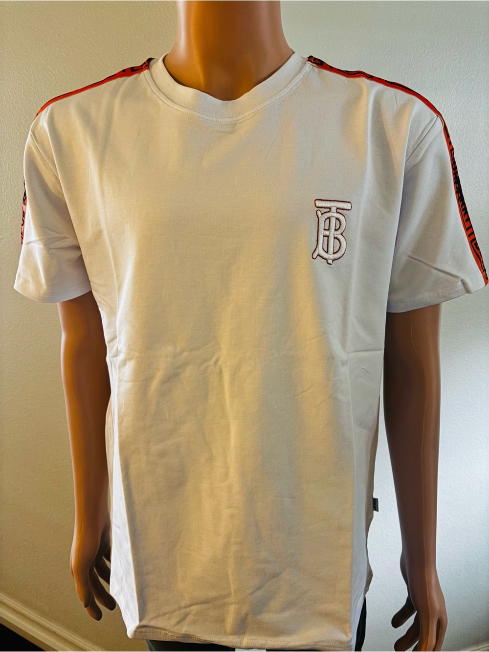 Burberry White Short Sleeve Tee with Red Shoulder Stripe